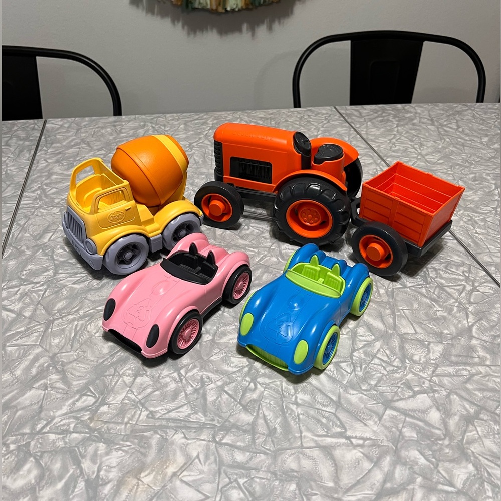 Green Toys, Tractor, Cement Mixer, 2 Cars - Good Condition